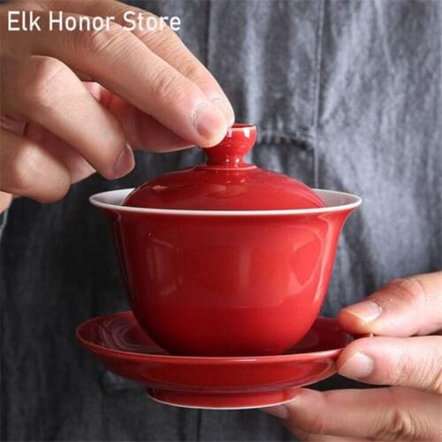 165ml Jingdezhen Cover Bowl Red Glaze Iron Red Porcelain Vintage Inheritance Classical Handmade Zen Sopera De Ceramica Gaiwan