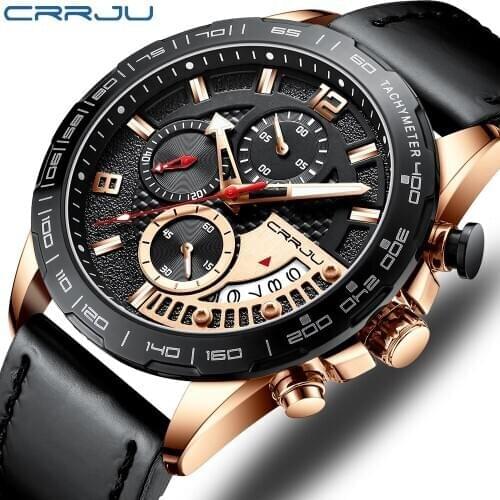 CRRJU Casual Mens Watches Top Luxury Brand Business Wrist Watch Waterproof Sport Chronograph Military Leather Relogio Masculino