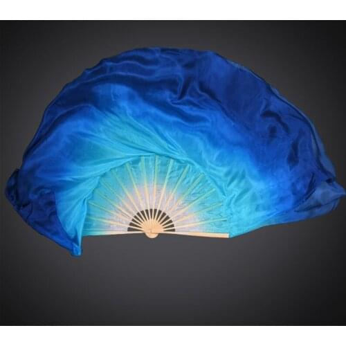Professional Hand-Made Real Silk Fan Veils Half Circle Belly Dance Short Fans 1pair(1L+1R) White-Blue Gradient Customized sizes