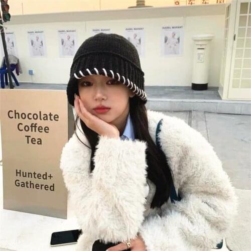 Ins Trend Womens Cotton bucket hat Winter Girl Thick Warm Knit Beanies Caps Fisherman Hats Loosen Basin Panama gorros