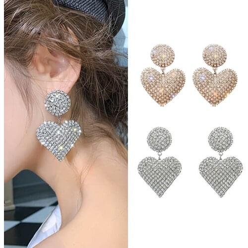 JTCFLY New Heart Earrings Womens Luxurious Geometric Full Rhinestone Earrings Korean Gold/Silver Love 2021 Fashion Jewelry