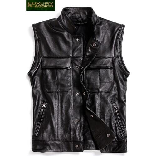 Leather Vest Men TcyeekGenuine Real Cowhide Coat Motorcycle Jacket Man Vests Male with Many Pockets Leather Jackets L-M-3 2709