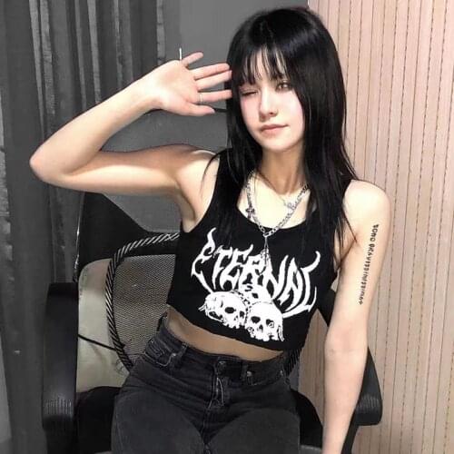 Sexy Punk Goth Crop Tops Women Summer Skull Print Vest 90s Mujer Grunge Graphic Harajuku Fashion O-Neck Sleeveless Slim Tank Top