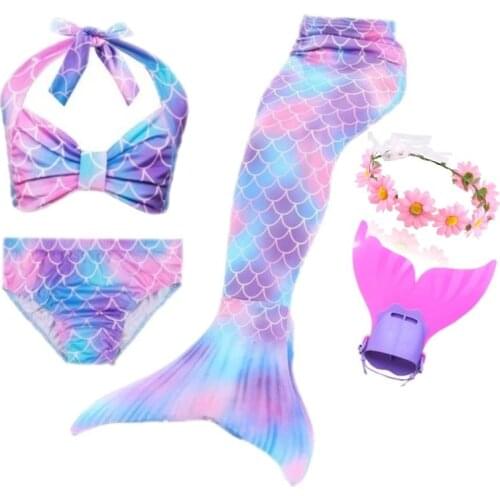 Kids Swimmable Mermaid Tail for Girls Swimming Bating Suit Mermaid Costume Swimsuit can add Monofin Fin Goggle with Garland