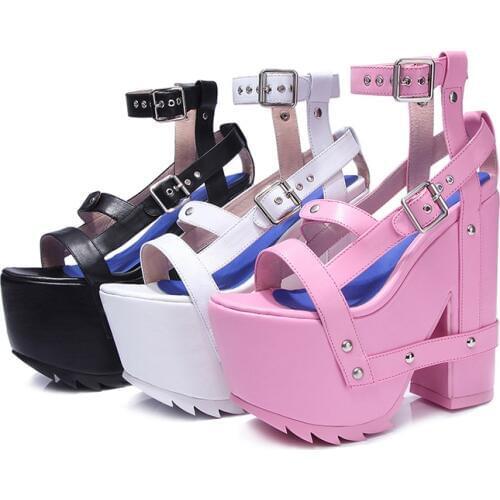 Summer Ladies Punk Crossed Straps Metal Buckle Sandals Super Platform Straps Linked Chunky Heels Peep Toe Ankle Buckle Sandalias