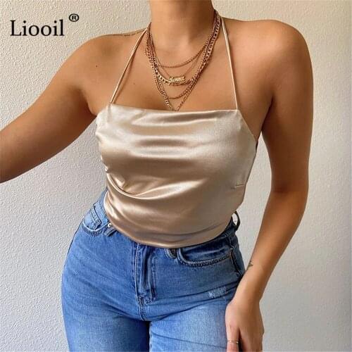 Liooil Bodycon Bandage Satin Tank Tops Women Sleeveless Sexy Backless Bustiers Corsets Black Crop Top Streetwear 2021 Summer