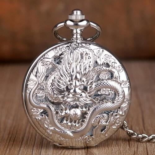 5pcs Mechanical Pocket Watch Dragon Laser Engraved Clock Pocket Watch Animal Hand Winding Men Fob Watches with Chain Gift