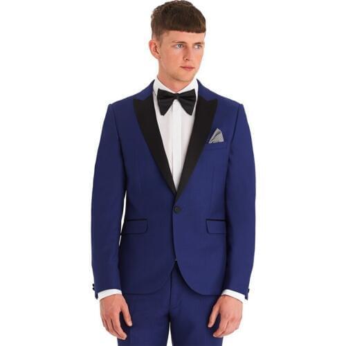 New Mens Suits Groomsmen Peak Black Satin Lapel Groom Tuxedos Roral Blue Wedding Best Man Suit (Jacket+Pants+Tie+Girdle) B645