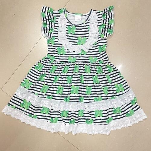 Baby Girl Clothes Girls St Patrick‘s Day DresssWith Short Sleeve Stripes Clover Print Girls Green Dress Kids Knit Cotton Clothes