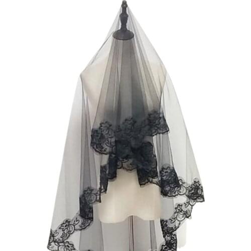 One-Layer Women Girl Black Mantilla Wedding Veil Embroidery Floral Lace Trim Halloween Cosplay Costume Sheer Hair Accessories