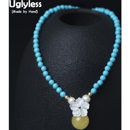 Uglyless Handmade Turquoise Beads Necklaces for Women Shell Sakura Pendants Natural Amber Chokers Bohemia Fine Jewelry Gemstones
