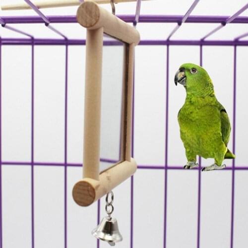 Pet Bird Parrot Bell Mirror Hanging Cage Wood Stand Perch Interactive Play Toy Classical Ornaments With A Bell-style Log Ribbon