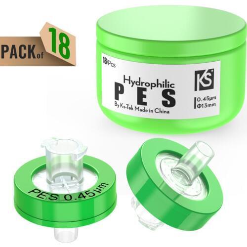 Syringe Filters,PES Membrane 0.45μm Pore Size,13mm Diameter,hydrophilic,18Pcs by Ks-Tek