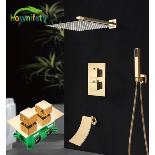 Shiny Gold Thermostatic Shower Faucet Rainfall Shower Head ABS Plastic Hand Shower Bathroom Hot Cold Mixer Shower Systems