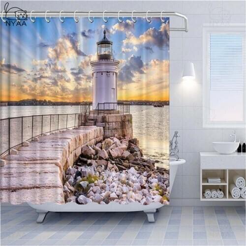 Shower Curtain with Hooks Water Color Sailor Nautical Sea Navy Lighthouse Boat Marine Anchor Ship Antique Travel Bathroom