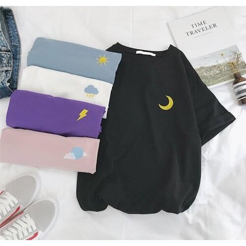Korean cartoon Moon print Loose All-match t shirt summer Short Sleeve Simple T-shirts Women harajuku Kawaii tshirt vintage tops