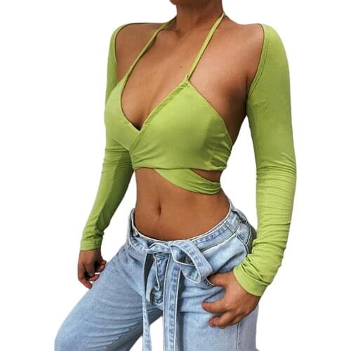 Ladies Summer Casual Clothes Suit Solid Color Hanging Neck Front Hollow Tie Up Camisole + Long Sleeve Backless Short Tops
