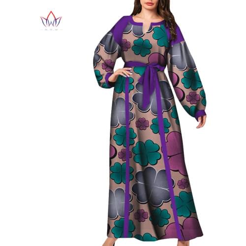 Autumn African Print Long Dresses for Women Bazin Riche Cotton Long Sleeve Causal Dresses Vestidos Pearl African Clothing WY6872