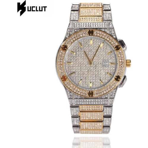 Watch Quartz Gold HIP HOP Watch Band, Stainless Steel Wristband Clock Hours
