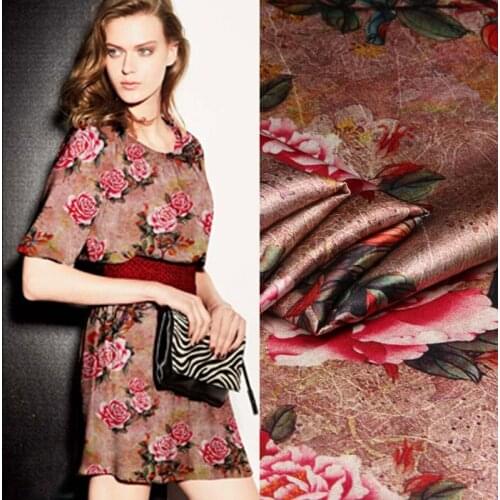 118cm wide 19mm 93% silk & 7% spandex pink floral print brown stretch silk satin fabric for dress shirt clothes cheongsam D765