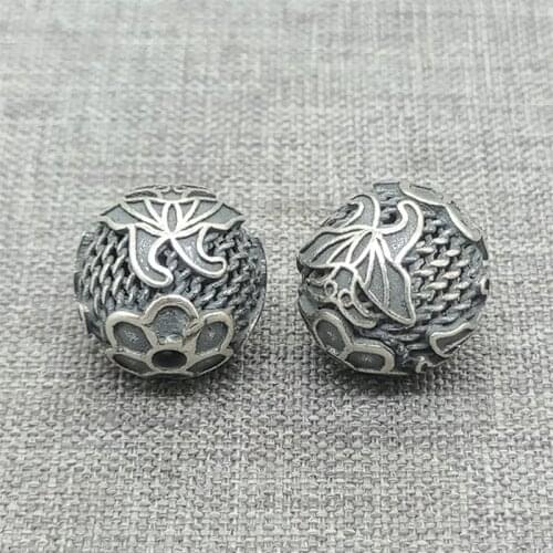 2pcs of 925 Sterling Silver Oxidized Lotus Round Beads 12mm Yoga Meditation