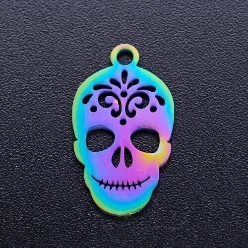5pcs/lot 100% Stainless Steel Sweet Skull Halloween diy Charms With Rainbow Plated Wholesale For Earring Making Dropshipping
