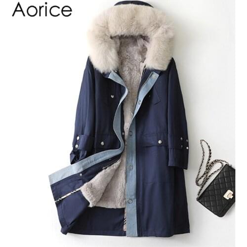 Aorice Women Real Fox Fur Collar Coat Jacket Female Rex Rabbit Liner Long Parka Trench A41631