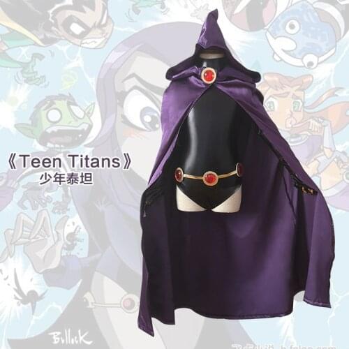 Teen Titans Go Raven Costume Cosplay Halloween Party 4pcs/1set Kids Szie Anime Cartoon Cos Props PU Leather Bodysuit Cloak