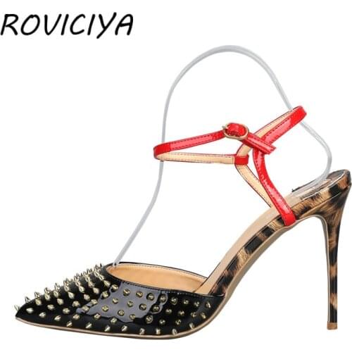 Black slingbacks women shoes summer shoes for women studded pumps high heels ankle strap LX004 ROVICIYA