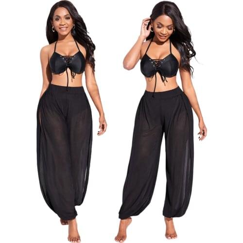 Super Stretch Solid Chiffon Loose Pants Summer Women Sunscreen Beach Pants Elastic Waist Comfortable Fabrics Split Mesh Pants