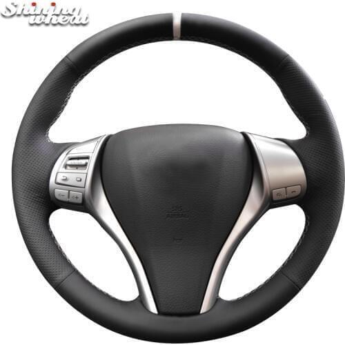 Shining wheat Black Genuine Leather White Marker Steering Wheel Cover for Nissan 2013 Teana 2014 X-Trail QASHQAI Sentra