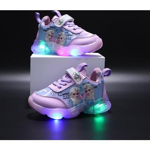 Disney Spring Frozen Kids Light Shoes Girls Childrens Led Elsa Casual Sneakers Breathable Soft Anti-Slip Running Sports Shoes