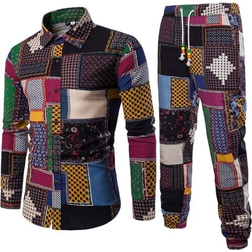 Large Size Summer Mens Vacation Set Ethnic Style Patchwork Long-Sleeved Shirt + Linen Pant Male Festival Europe Slim Shirt Suit