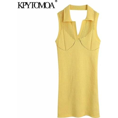 KPYTOMOA Women 2021 Chic Fashion Hollow Out Knit Mini Dress Vintage Sleeveless Backless Female Dresses Vestidos Mujer