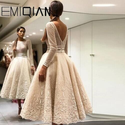 Scoop Long Sleeve Tea Length Lace Puffy Prom Dresses Lace See Through Evening Dress with Applique Lace