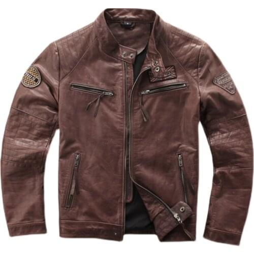 Genuine Leather Jacket Mens Retro Waxy Cowhide Slim-fit Embroidery Motorcycle Leather Jacket Coat