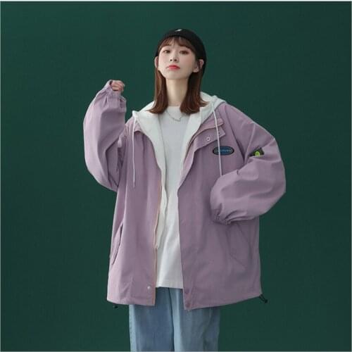Purple Khaki Black Pink Blue Fall Spring Loose Ladies Coat Fake Two Piece Hooded Casual Autumn Jacket Vintage Womens Outerwear