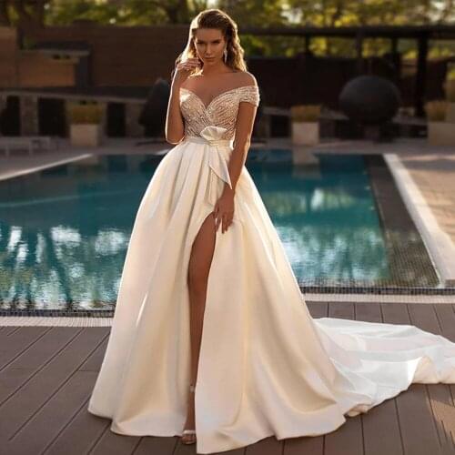 LORIE Satin Wedding Dresses 2021 Cap Sleeves A-Line Front Split Custom Made White Ivory Wedding Gown Bridal Dress