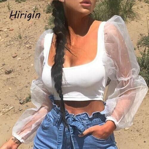 Cute girls puff T shirts solid o neck crop tops patchwork See-through tees Female short T shirts for Evening Party clubwear