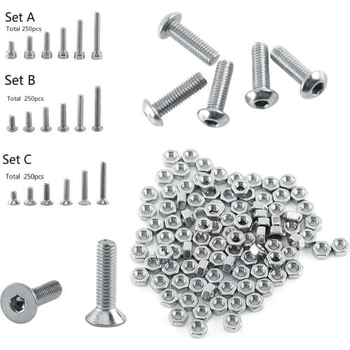 250pc/set A2 Stainless Steel M2 Cap/Button/Flat Head Screws Sets Hex Socket Bolt With Hex Nuts Assortment Kit