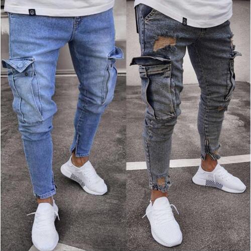 New Fashion Men Big Pocket Denim Trousers Fashion Ripped Jeans Denim Pants Elastic Waist Big Size Singer Costumes