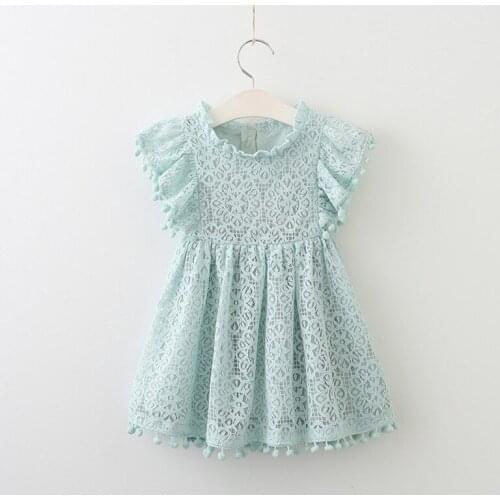 Girls princess hollowed-out lace dress New fashion baby blue pompom sleeve fairy kids dress Free Shipping DR19049
