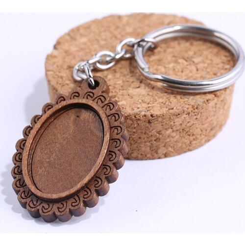 Reidgaller 3pcs fit 18x25mm oval wood cabochon key chain base settings diy stainless steel key rings for keychain making