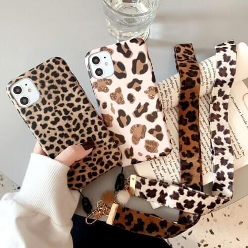 Luxury Leopard Print Phone Case For iPhone 12 11 Pro Max XR XS X SE 2020 8 7 6S Plus Case For Women Soft Silicone With Lanyard