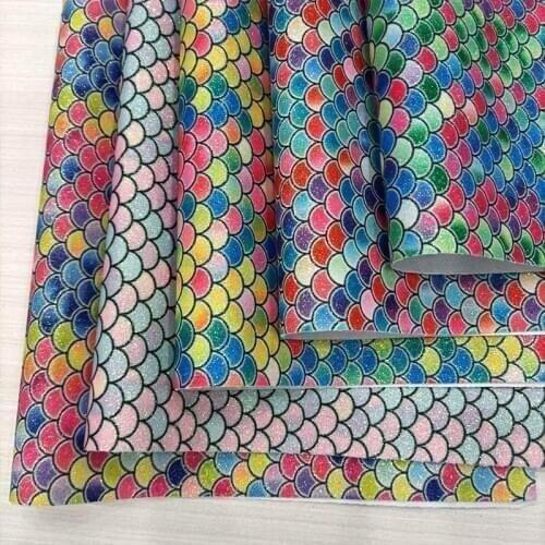 Fish Scale/Mermaid Pattern Printed Rainbow Colorful Fine Glitter Faux Leather Fabric Sheet for Making Shoe/Bag/Hair Bow/Crafts