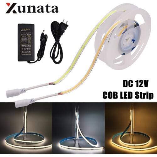 COB LED Strip Light DC 12V with Power Supply Super Brighter 3000K 4000K 6000K 384 LEDs High Density Flexible Dimmable LED Strip