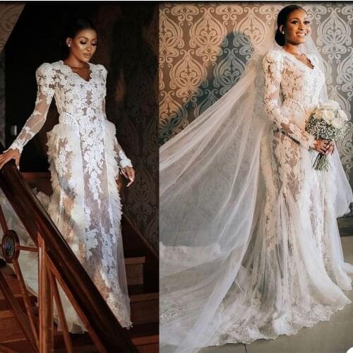 Vintage Plus Size Mermaid Wedding Dress Illusion Lace V Neck Long Sleeve Bridal Gowns robes de mariée Bohemian Backless Bride