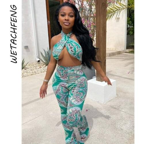 Womens Two Piece Set Backless Belt Sexy Printed Summer Crop Tops And Flare Pants Suit Slim Fitness Outfits Tracksuits Clothing