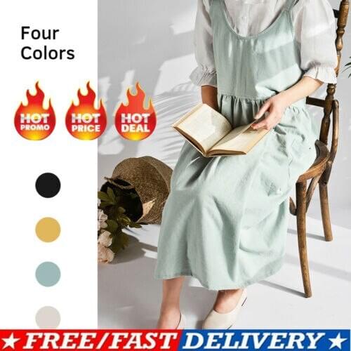 Women Cotton Linen Pinafore Square Cross Apron Garden Work Pinafore Dress Plus