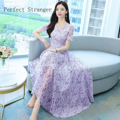 High Quality 2021 Summer Dress For Women V Collar Floral Printed Short Sleeve Women Chiffon Long Dress M-3XL